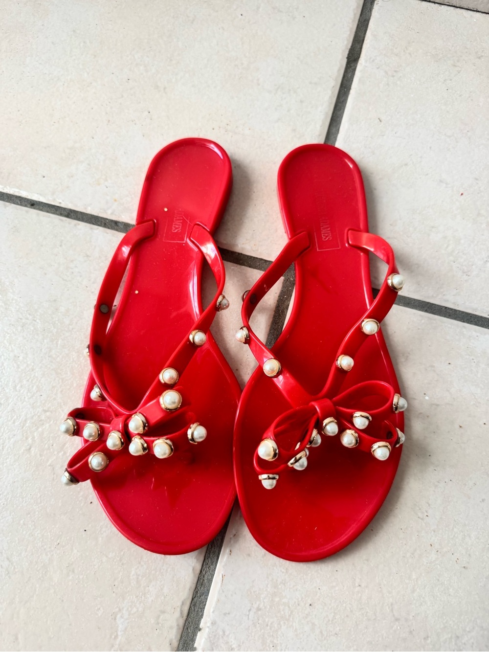 Women's Red Pearl-Embellished Jelly Bow Sandals